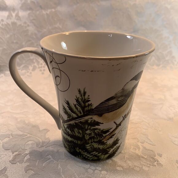 Winter Cheer Mug Fine Porcelain 222 Fifth Holiday Christmas Tree Bird Flower - Picture 2 of 4
